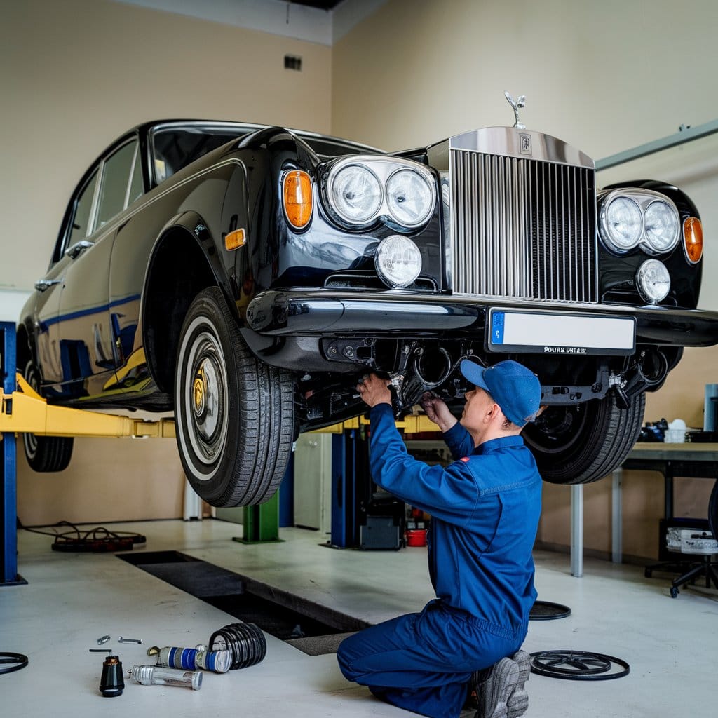 Mechanic repairing the suspension of vintage Rolls Royce.