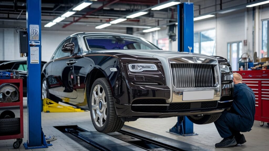 Mechanic inspecting the Rolls Royce Phantom.