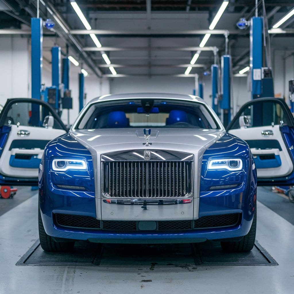 Rolls Royce Ghost in workshop being repaired.