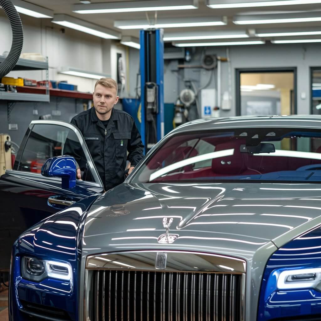 Mechanic tinting the windows of the Rolls Royce Ghost.