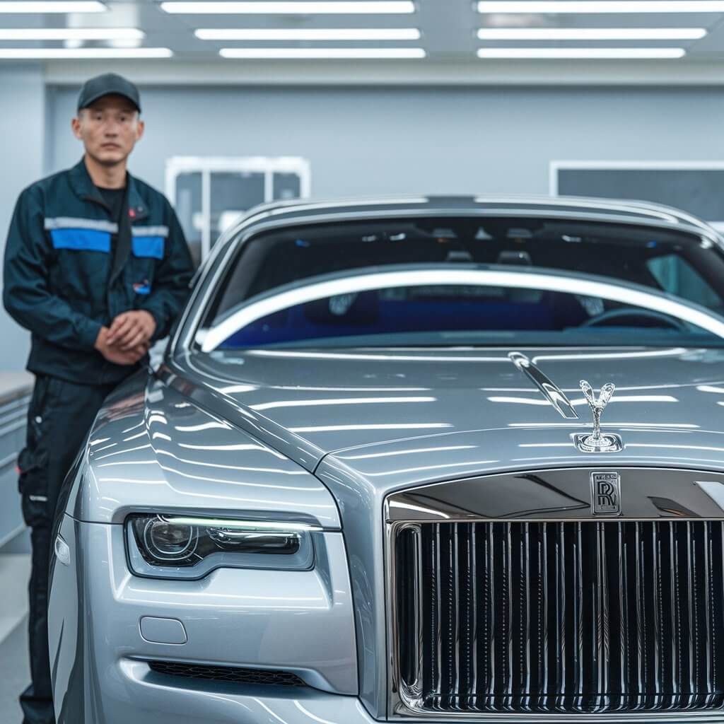 Rolls Royce window tinting in workshop.