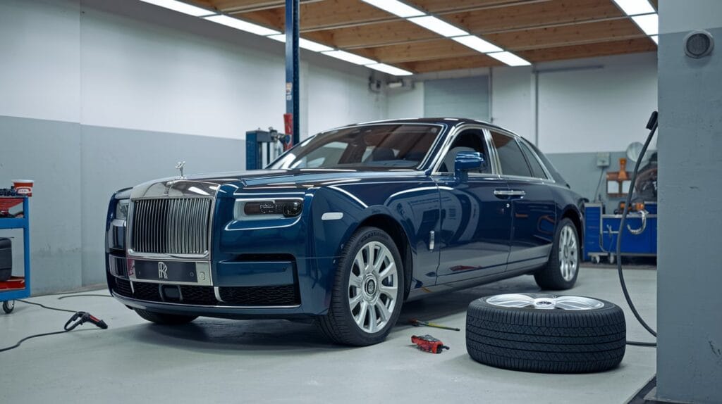 Rolls Royce being repaired in the workshop. 