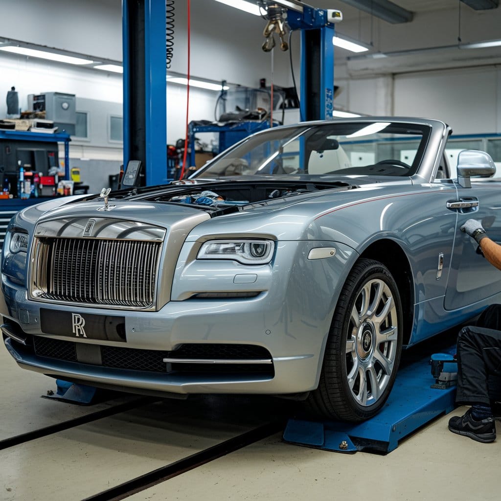 Rolls Royce in workshop.